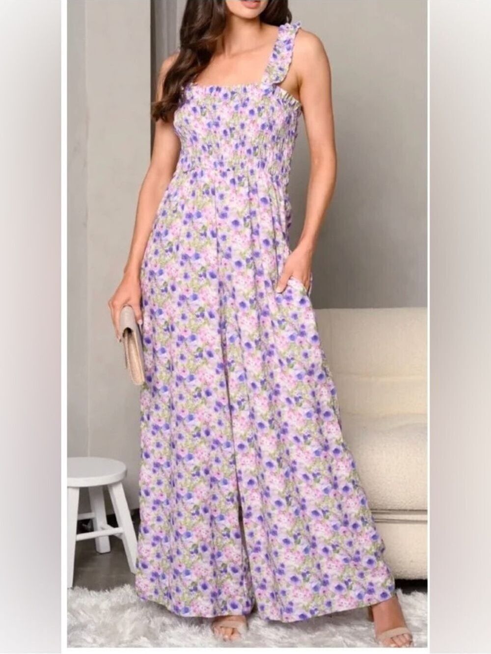 Jacquie The Label Floral Smocked Top Extra Wide Leg Palazzo Lavender Jumpsuit